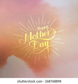 vector typographic illustration of handwritten Happy Mothers Day retro label with light rays on watercolor background. lettering composition. postcard design 