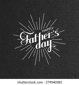 vector typographic illustration of handwritten Happy Fathers Day retro label with light rays. lettering composition 