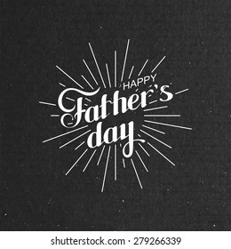 vector typographic illustration of handwritten Happy Fathers Day retro label with light rays. lettering composition 