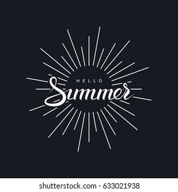 Vector typographic illustration of handwritten Hello Summer retro label with burst. Lettering logo composition. Postcard design