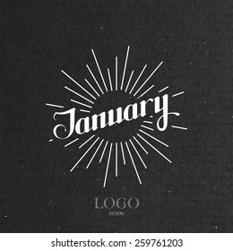 vector typographic illustration of handwritten January retro label with light rays. lettering logo composition 