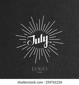 Vector Typographic Illustration Of Handwritten July Retro Label With Light Rays. Lettering Logo Composition 