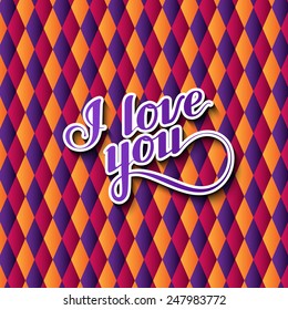 vector typographic illustration of handwritten I love you retro label on the checkered geometric background. lettering composition 