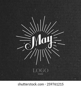 vector typographic illustration of handwritten May retro label with light rays. lettering logo composition 