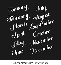 vector typographic illustration of handwritten months of the year (February, March, July, October, December and others) retro labels. lettering composition 