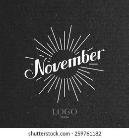 vector typographic illustration of handwritten November retro label with light rays. lettering logo composition 