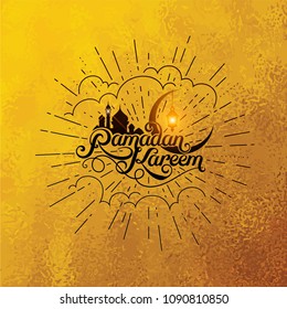 Vector typographic illustration of handwritten Ramadan Kareem retro label with light rays. lettering composition of muslim holy month.
