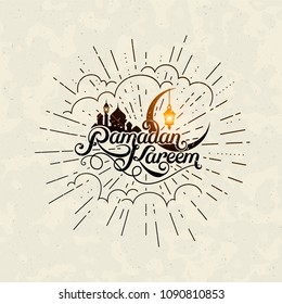 Vector typographic illustration of handwritten Ramadan Kareem retro label with light rays. lettering composition of muslim holy month.