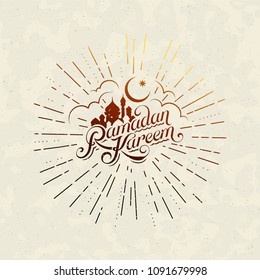 Vector typographic illustration of handwritten Ramadan Kareem retro label with light rays. lettering composition of muslim holy month.