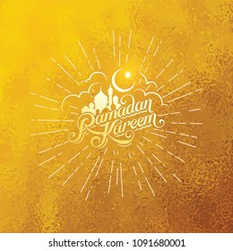 Vector typographic illustration of handwritten Ramadan Kareem retro label with light rays. lettering composition of muslim holy month.