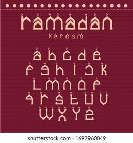 ilustración tipográfica vectorial de la etiqueta retro manuscrita Ramadan Kareem. Mes sagrado musulmán escrito con la construcción de la mezquita