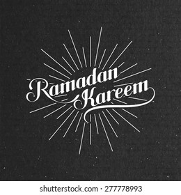 vector typographic illustration of handwritten Ramadan Kareem retro label with light rays. lettering composition of muslim holy month.