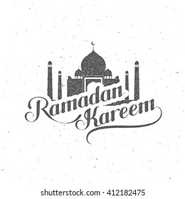Vector typographic illustration of handwritten Ramadan Kareem retro label. lettering composition of muslim holy month with mosque building