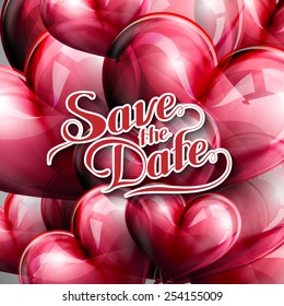 vector typographic illustration of handwritten Save the Date retro label on the red balloon hearts background. lettering composition 