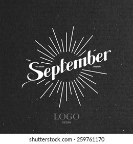 vector typographic illustration of handwritten September retro label with light rays. lettering logo composition 