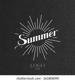 Vector Typographic Illustration Of Handwritten Summer Retro Label With Light Rays. Lettering Logo Composition 