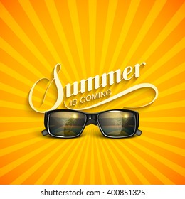 Vector typographic illustration of handwritten Summer retro label with sunglasses. Lettering Summer composition. Vacation concept 