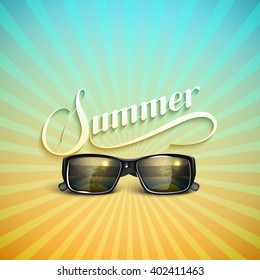 Vector typographic illustration of handwritten Summer retro label with sunglasses. Lettering seasonal composition. Vacation Summer concept