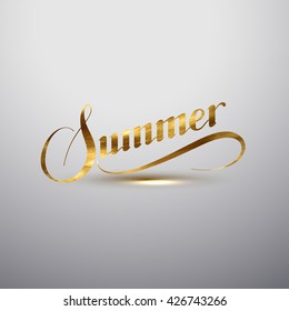 Vector typographic illustration of handwritten Summer retro label. Lettering composition with golden Summer sign
