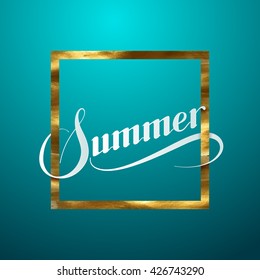 Vector typographic illustration of handwritten Summer retro label. Lettering composition with golden frame and Summer sign