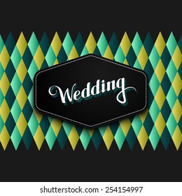 vector typographic illustration of handwritten Wedding retro label on the checkered background