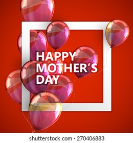 vector typographic illustration of Happy Mothers Day label with white square frame and flying balloons. postcard design