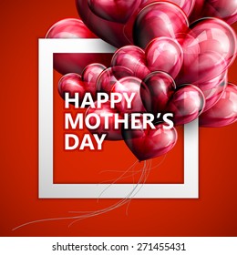 vector typographic illustration of Happy Mothers Day label with white square frame and red flying balloon hearts. postcard design