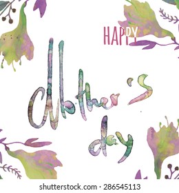 vector typographic illustration of Happy Mothers Day label with Azalea flowers on the watercolor stain background. postcard design