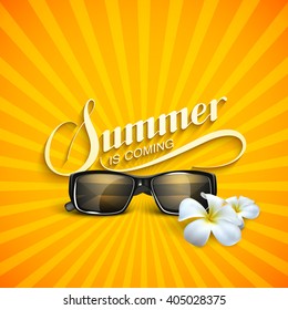 Vector typographic illustration of lettering Summer retro label with sunglasses and flowers. Vacation Summer concept 