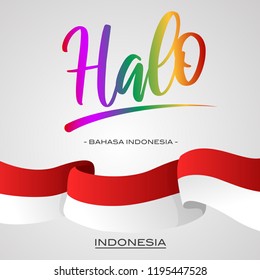 Vector Typographic Illustration for local language to say "Hello" - "Halo" is a Bahasa Indonesia word for greeting peoples in Indonesia with waving Indonesia's flag