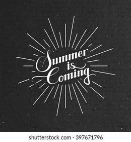 Vector typographic illustration of Summer Is Coming retro label with light rays. Lettering logo composition. Handwritten Summer label