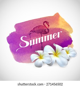 vector typographic illustration of Summer label with exotic frangipani flowers and flamingo bird on watercolor stain background. postcard design.