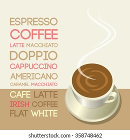 Vector typographic menu coffee.Coffee cup put on the table with text in cafe shop.