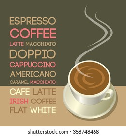 Vector typographic menu coffee.Coffee cup put on the table with text in cafe shop.