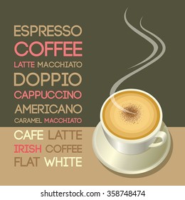 Vector typographic menu coffee.Coffee cup put on the table with text in cafe shop.