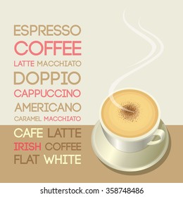 Vector typographic menu coffee.Coffee cup put on the table with text in cafe shop.