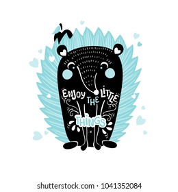 Vector typographic poster, print with hedgehog silhouette and message:Enjoy the little things. 
Cute inspirational print for t-shirt.