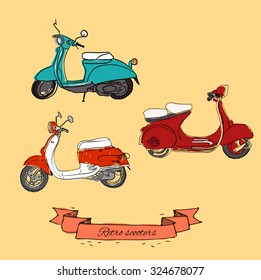 Vector typographic poster. Vector set scooter poster. Vector vintage scooter. Retro hand sketched moped illustration.