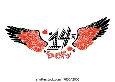 Vector typographic print for St. Valentine's Day. Slogan: February 14th with wings 
on a white background, for T-shirts, postcards, banners and posters.