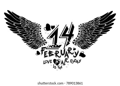 Vector typographic print for St. Valentine's Day with the slogan: February 14th.
Love is in the air today; isolated on white background with sequins, for t-shirts, 
greeting cards, banners and posters