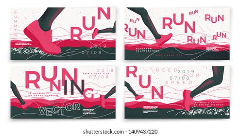 Vector typographic running banners template set, with legs, grunge textures, and place for your texts.