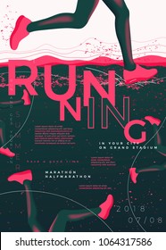 Vector typographic running poster template, with runners, grunge textures, and place for your texts.