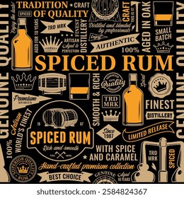 Vector typographic spiced rum seamless pattern or background. Rum and distilling icons, branding and design elements