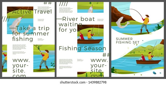 Vector typographic summer posters set - river fishing activities. Forests, trees and hills on background. Print template with place for your text.