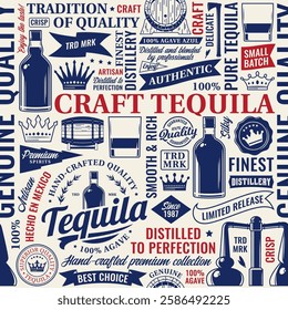 Vector typographic tequila seamless pattern or background. Tequila and distilling icons, branding and design elements