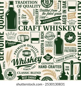 Vector de whisky tipográfico sin patrón o fondo. Iconos de la empresa de whisky y destilación, Elementos de diseño de marca e identidad