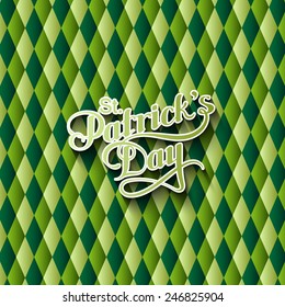 vector typographical illustration of handwritten Saint Patrick's Day label on the multicolored geometric pattern. holiday lettering composition
