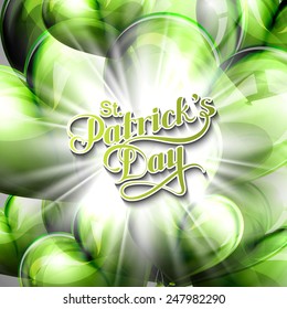 vector typographical illustration of handwritten Saint Patrick's Day label on the holiday background of flying green balloon hearts and shiny burst or explosion.  holiday lettering composition