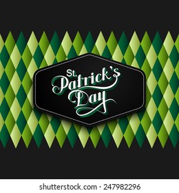 vector typographical illustration of handwritten Saint Patrick's Day label on the holiday background of flying green balloon hearts and shiny burst or explosion.  holiday lettering composition