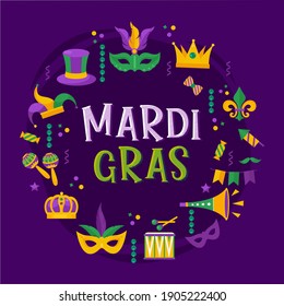 Vector typographical illustration of Mardi Gras beauty purple background with rhombus texture and multicolored festive flags, confetti, drums and more. Celebration greeting card